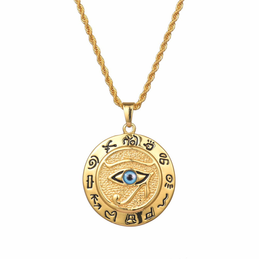 No Fade 14k Gold over Stainless Steel Eye Of Horus Ancient African Pendant Chain Necklace