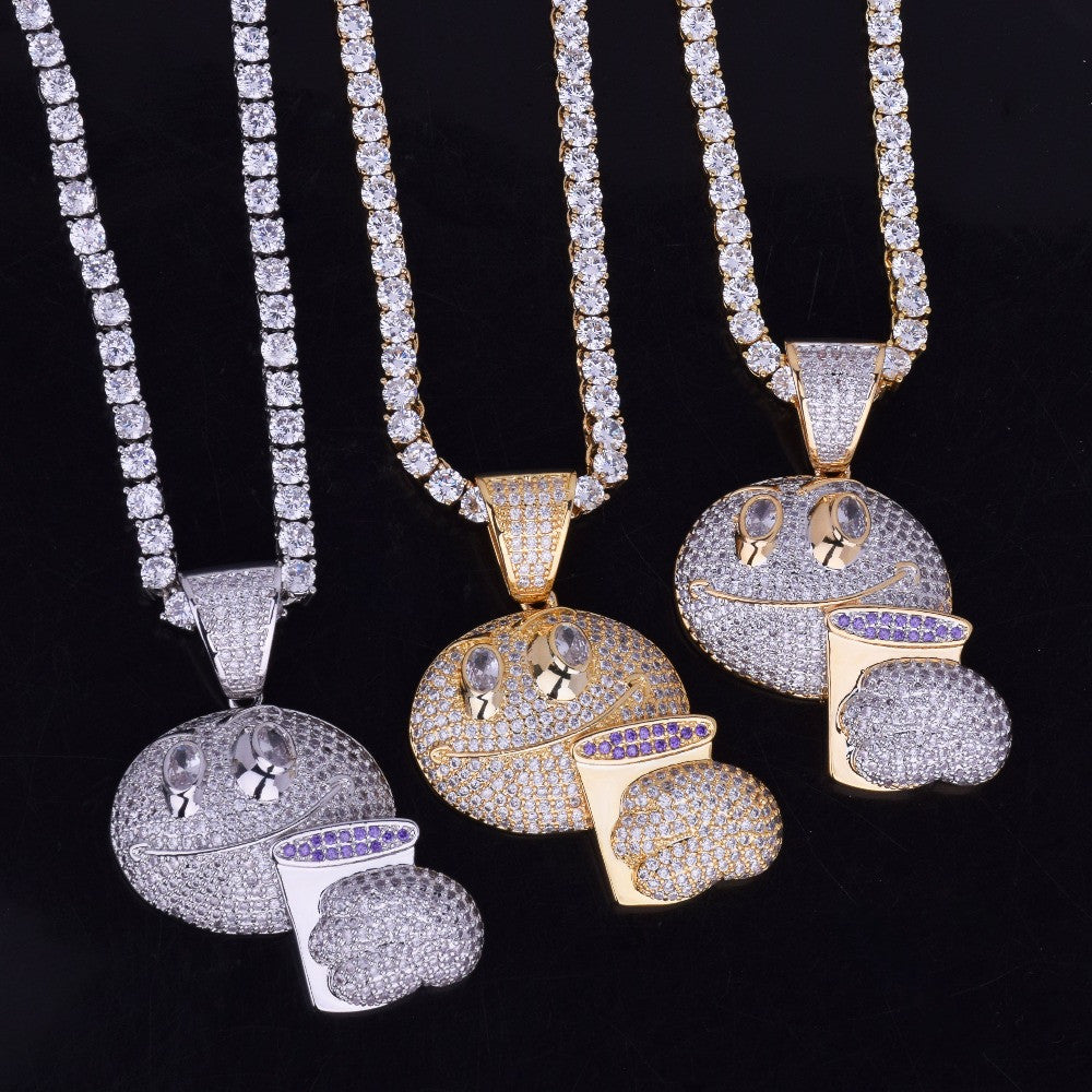 Emoji Holding Purple Cup Iced Out Pendant Chain Necklace