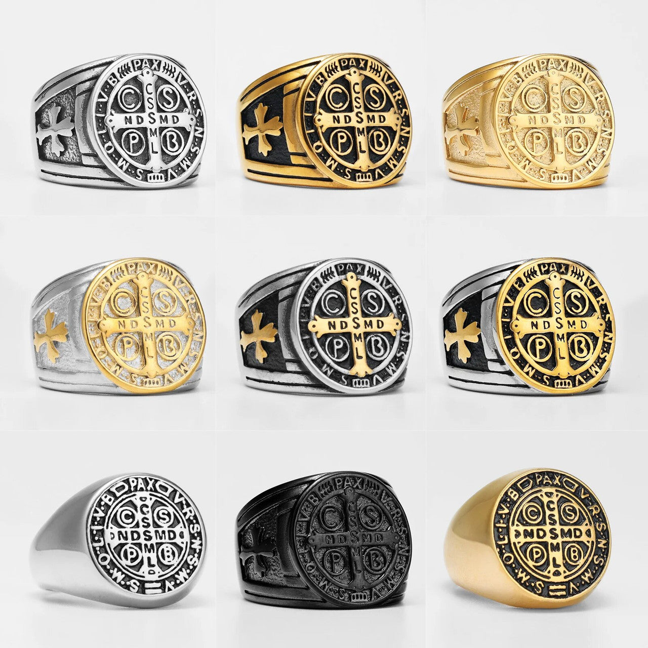Mens 14k Gold Over No Fade Stainless Steel Saint Benedict Exorcism Street Wear Rings