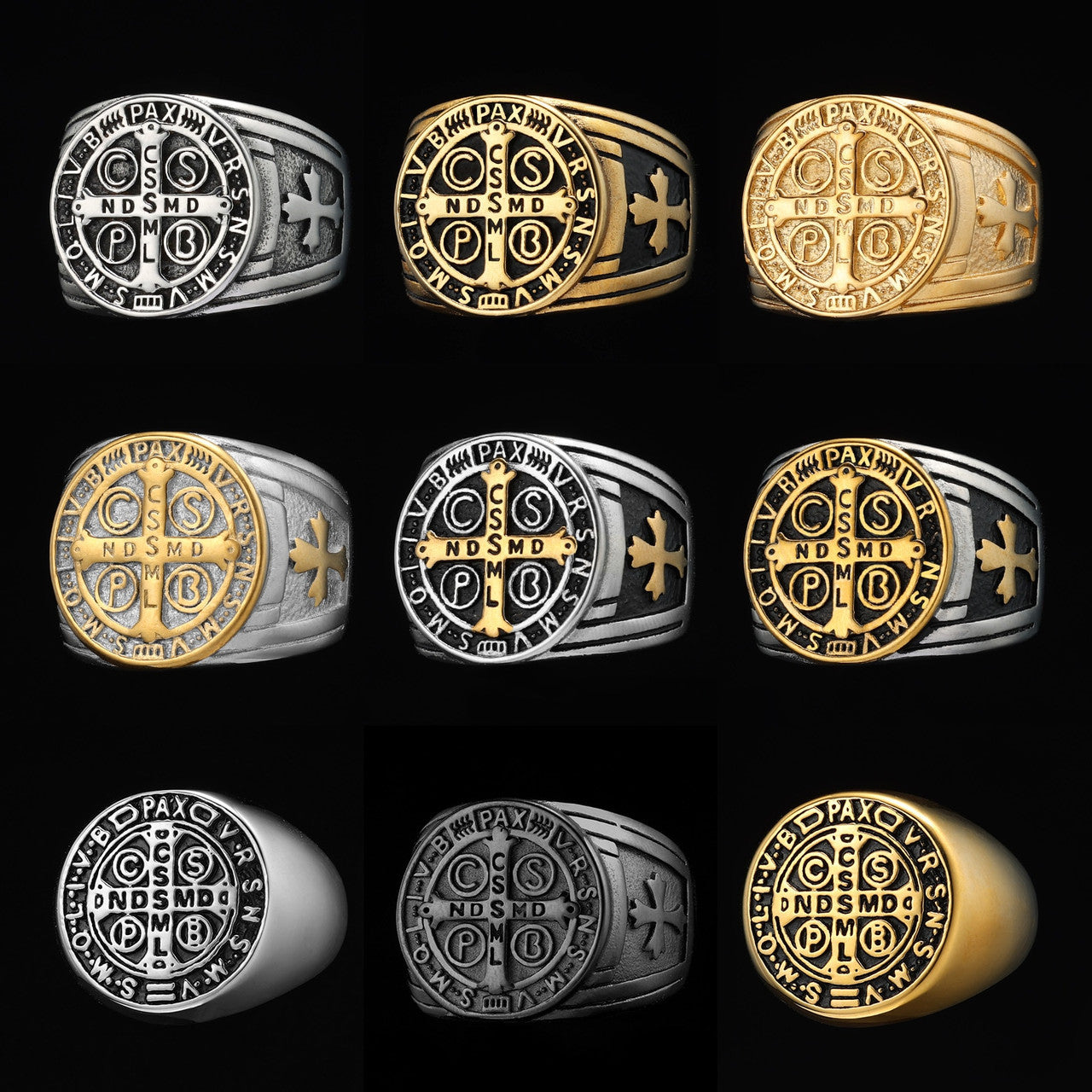 Mens 14k Gold Over No Fade Stainless Steel Saint Benedict Exorcism Street Wear Rings