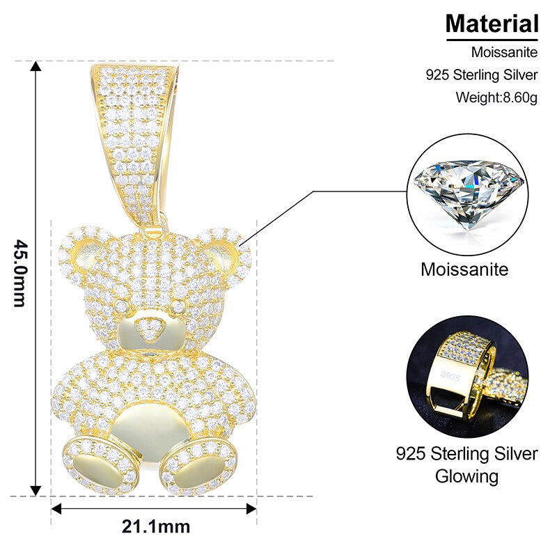 18k Gold Over Solid 925 Silver Genuine VVS Diamond Teddy Bear Pendant Chain Necklace
