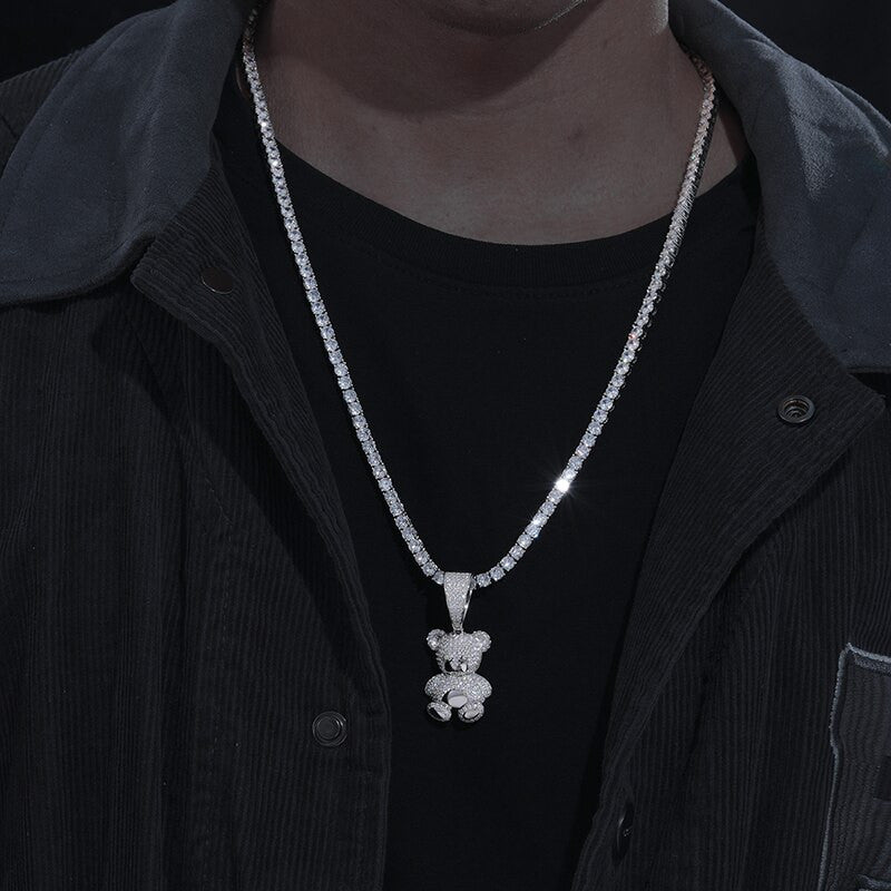 18k Gold Over Solid 925 Silver Genuine VVS Diamond Teddy Bear Pendant Chain Necklace
