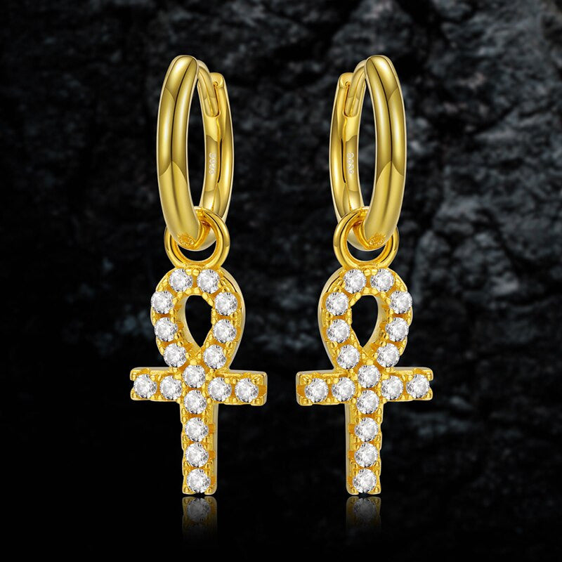 Solid 925 Sterling Silver Hoop Huggie African Ankh Cross Street Wear Bling Earrings
