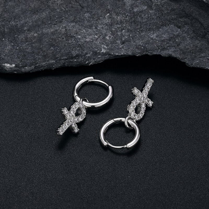 Solid 925 Sterling Silver Hoop Huggie African Ankh Cross Street Wear Bling Earrings