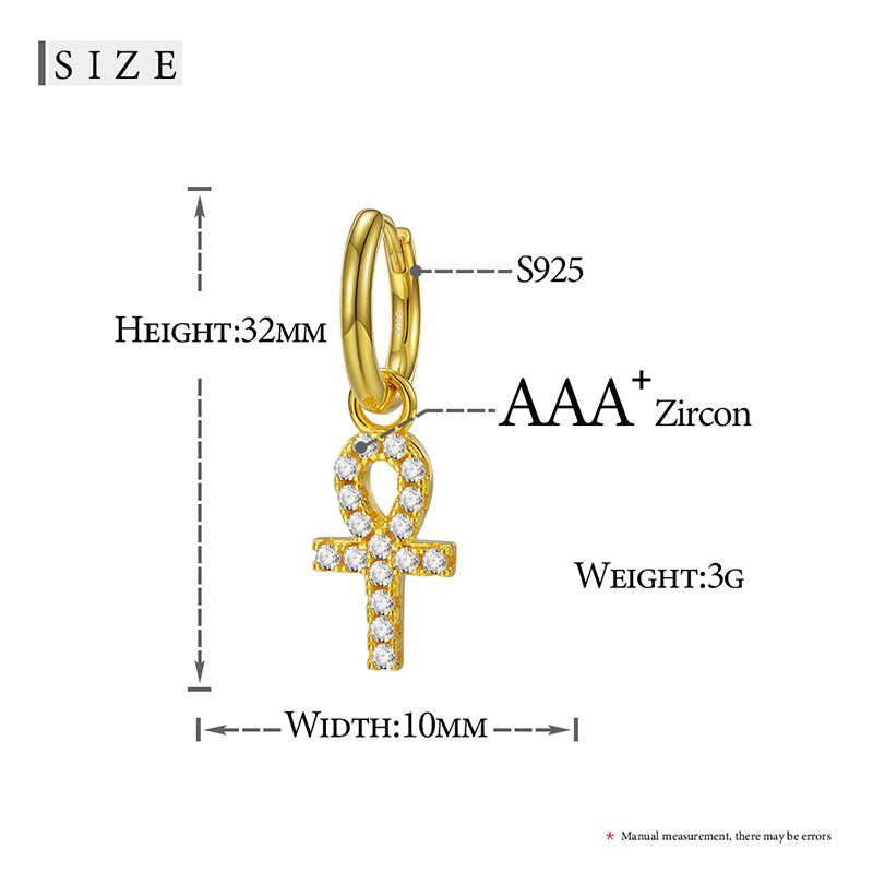 Solid 925 Sterling Silver Hoop Huggie African Ankh Cross Street Wear Bling Earrings
