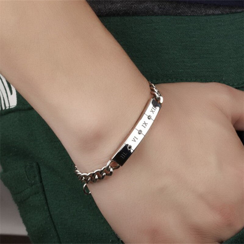 Couples Lovers Roman Numeral 3,6,9,12 Bling ID Style No Fade Stainless Steel Bracelets