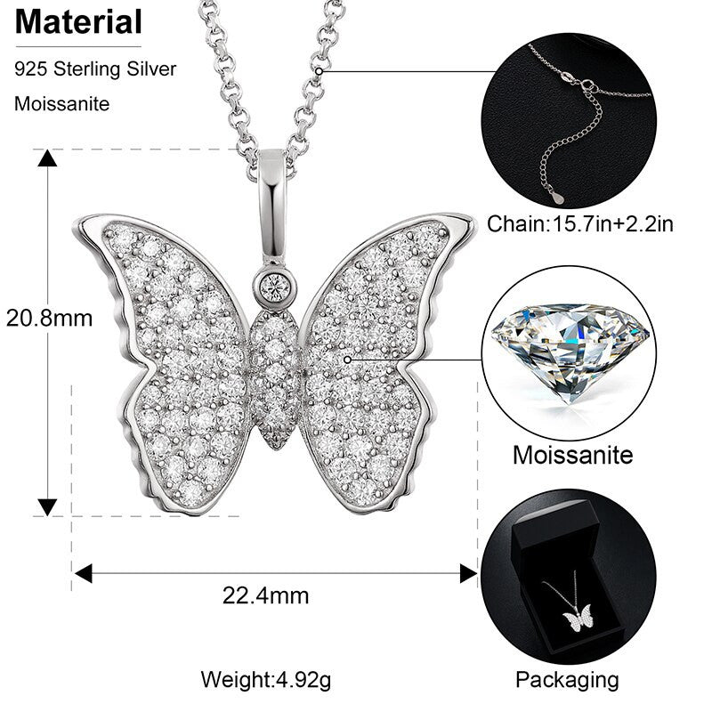Ladies Solid 925 Sterling Silver VVS Diamond Butterfly Casual Bling Bling Pendant Necklace