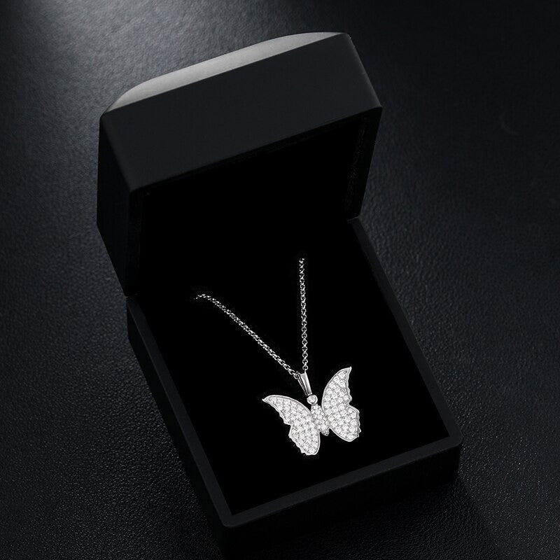 Ladies Solid 925 Sterling Silver VVS Diamond Butterfly Casual Bling Bling Pendant Necklace