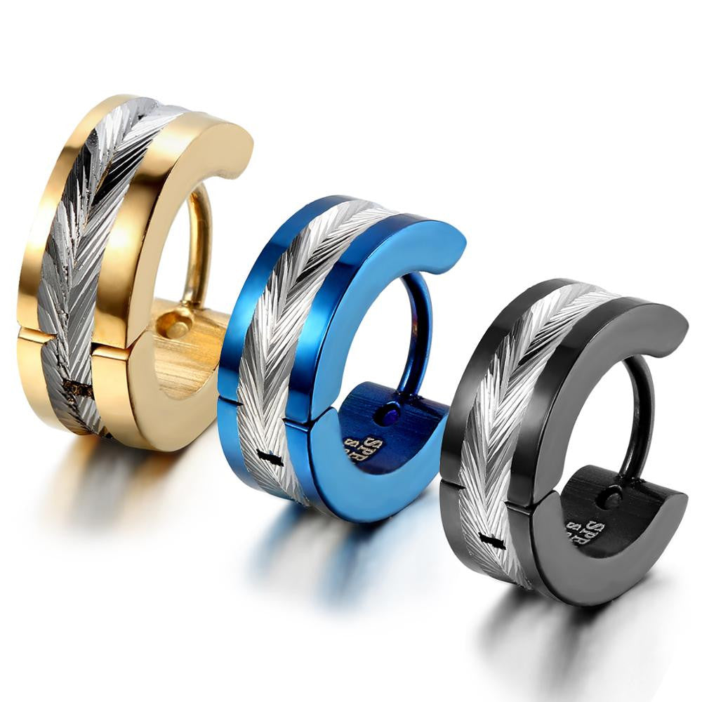 Mens Black Blue Gold Silver Designer Stainless Steel Street Wear Huggie Earrings