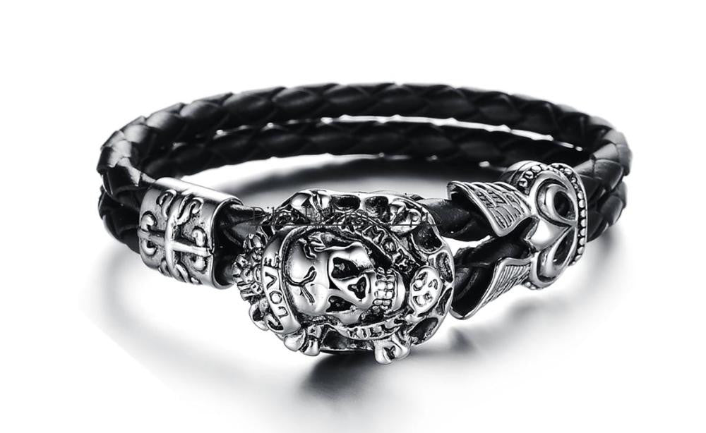 Love Kills Slowly Mens Braided Leather Fashion No Fade Stainless Steel Bracelet