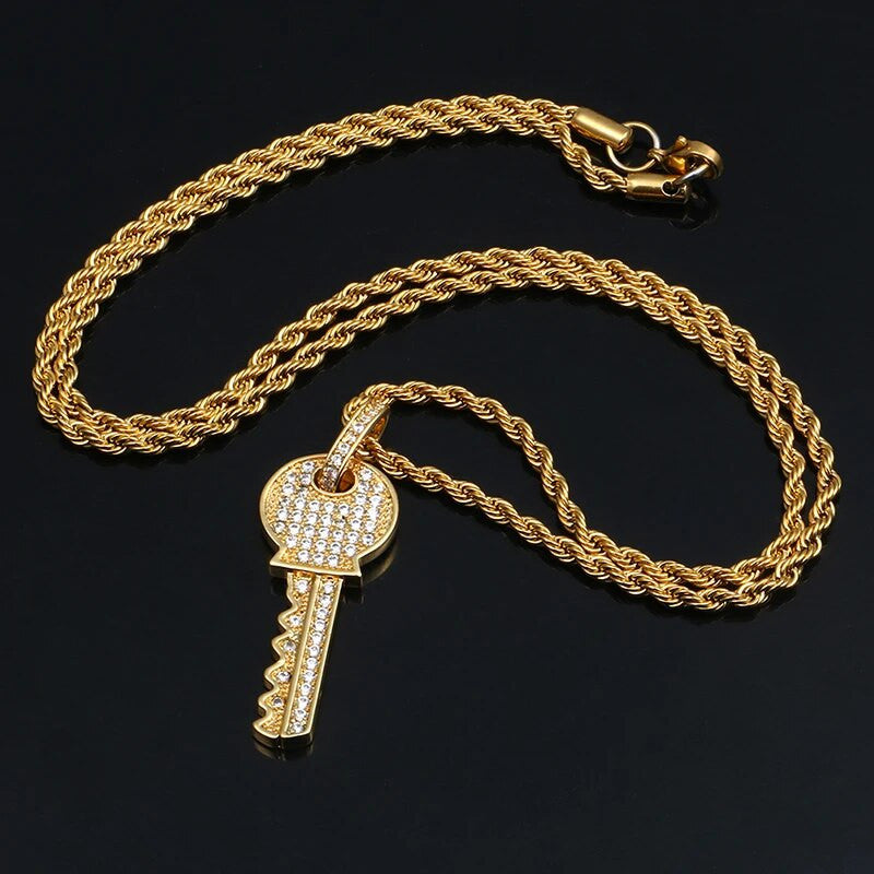 Cluster Stone Prong Set 18k Gold Iced Blinged Out Key Pendant Necklace