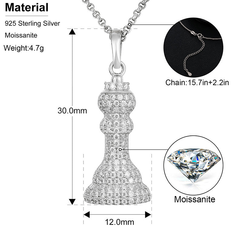 King Chess Piece Genuine Diamond 925 Sterling Silver Hip Hop Pendant Chain Necklace