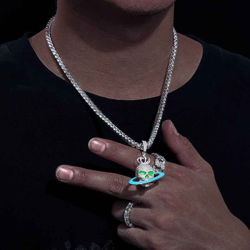 Mens Genuine Diamond Skull Head rings Of Saturn 925 Sterling Silver Hip Hop Pendant Chain