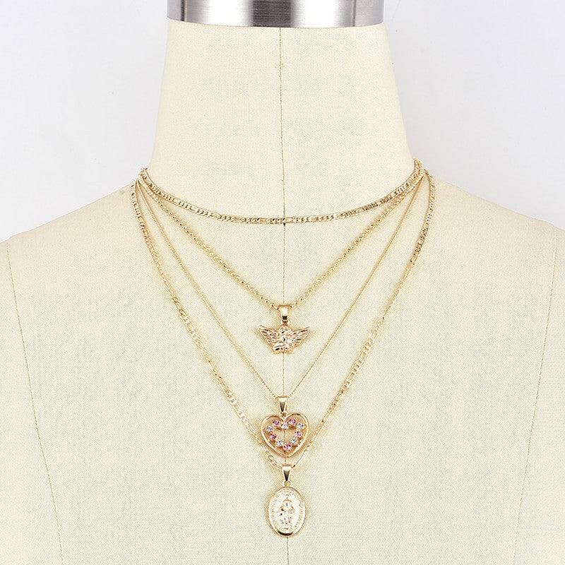Ladies Angel Wings Peach Heart Virgin Mary Pendant Chain Necklace Jewelry Set