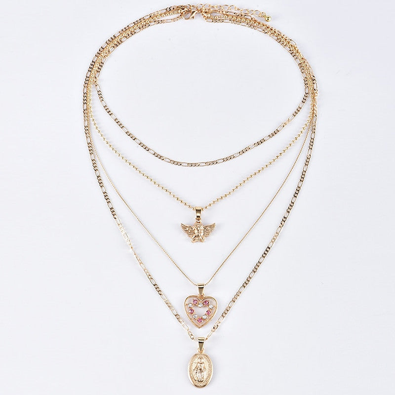 Ladies Angel Wings Peach Heart Virgin Mary Pendant Chain Necklace Jewelry Set