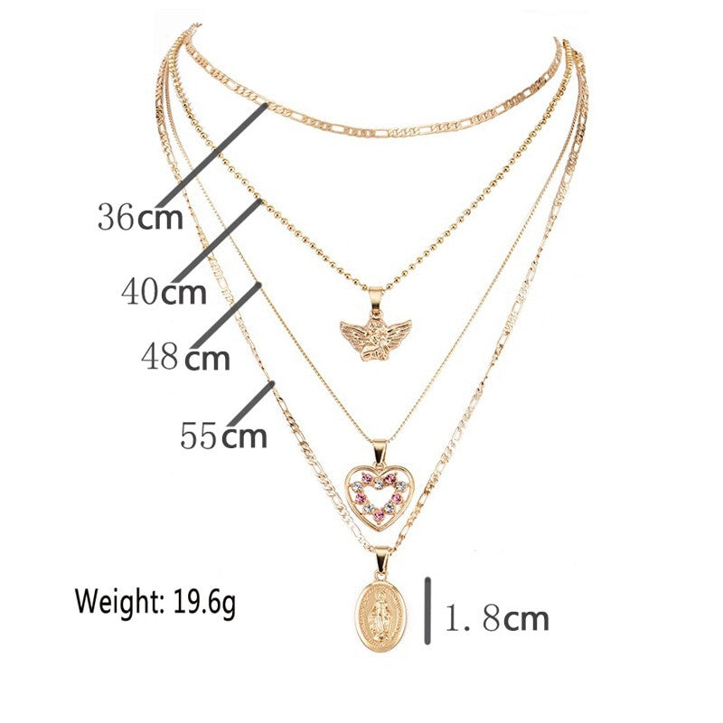 Ladies Angel Wings Peach Heart Virgin Mary Pendant Chain Necklace Jewelry Set