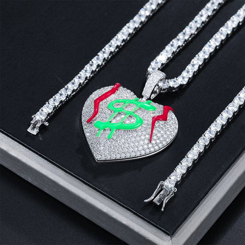 Genuine VVS Diamond Get The Money Bleeding Broke Heart Hip Hop Pendant Chain Necklace