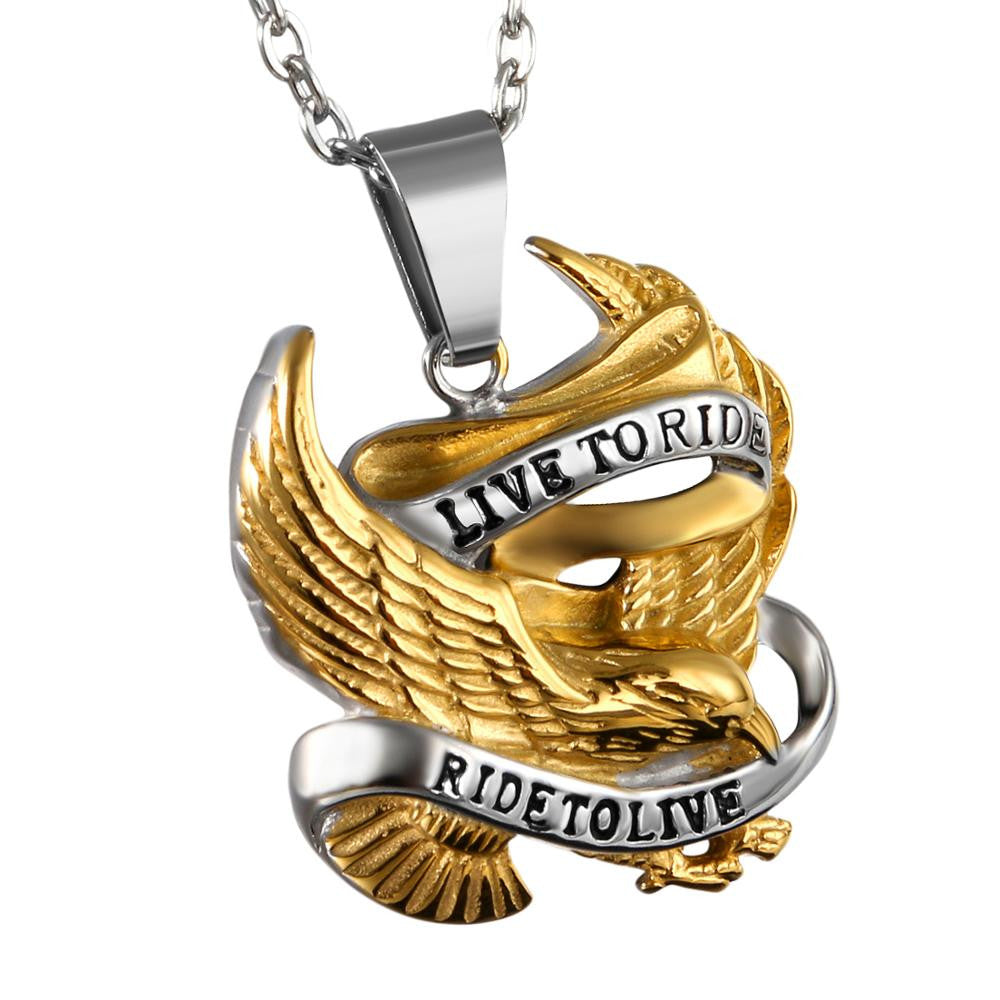 Two Tone 14k Silver Gold Eagle Live To Ride Stainless Steel No Tarnish Biker Boy Pendant Chain Necklace