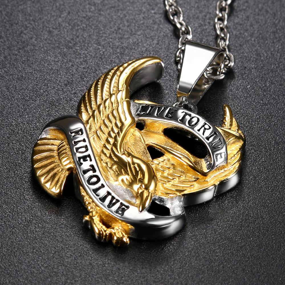 Two Tone 14k Silver Gold Eagle Live To Ride Stainless Steel No Tarnish Biker Boy Pendant Chain Necklace