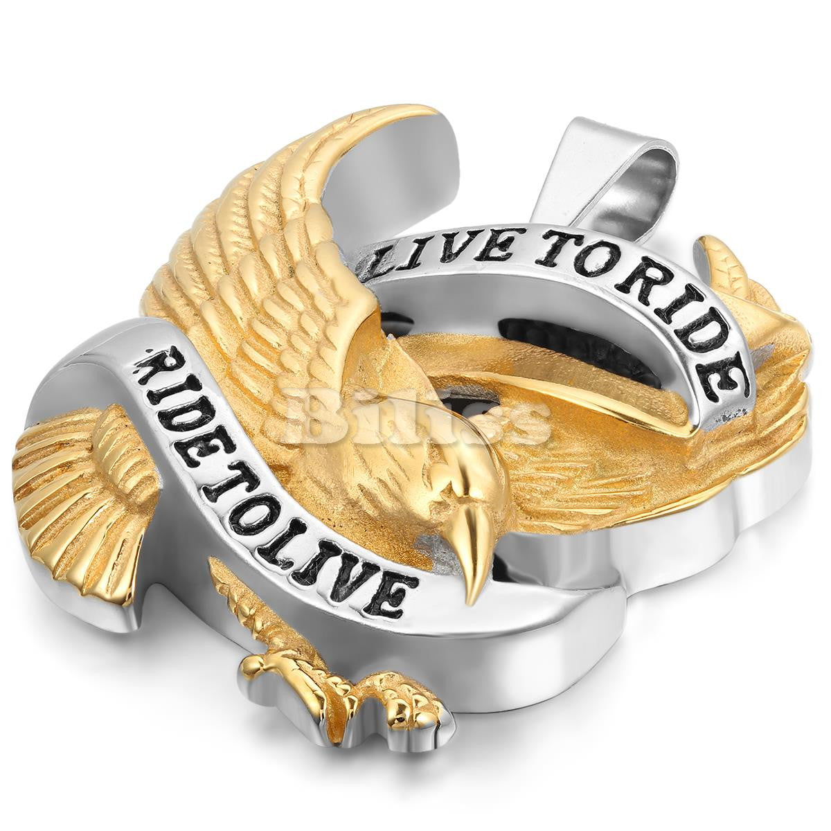 Two Tone 14k Silver Gold Eagle Live To Ride Stainless Steel No Tarnish Biker Boy Pendant Chain Necklace
