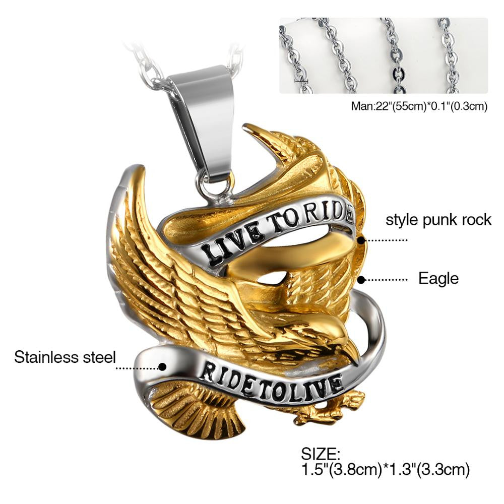 Two Tone 14k Silver Gold Eagle Live To Ride Stainless Steel No Tarnish Biker Boy Pendant Chain Necklace