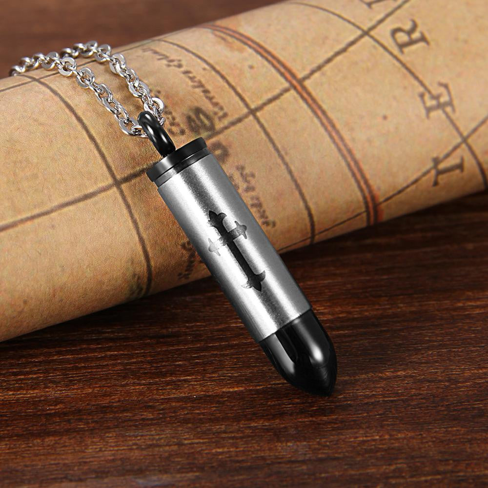 Mens High Fashion Laser Etched No Fade Stainless Steel Bullet Pendant Chain Neckalce