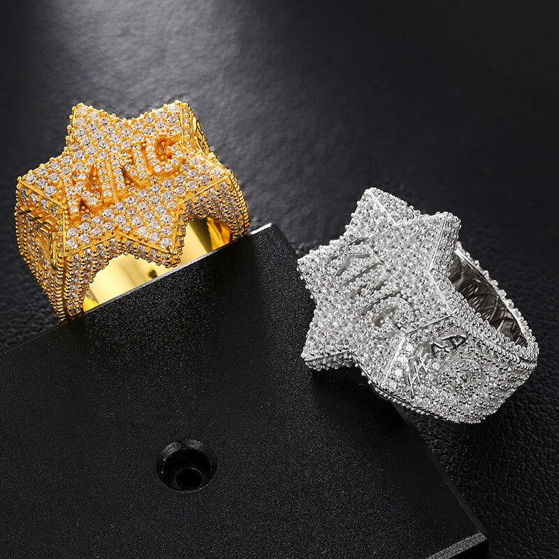 Mens Genuine VVS Diamond Star Of David King Engraved Solid 925 Silver Iced Rings