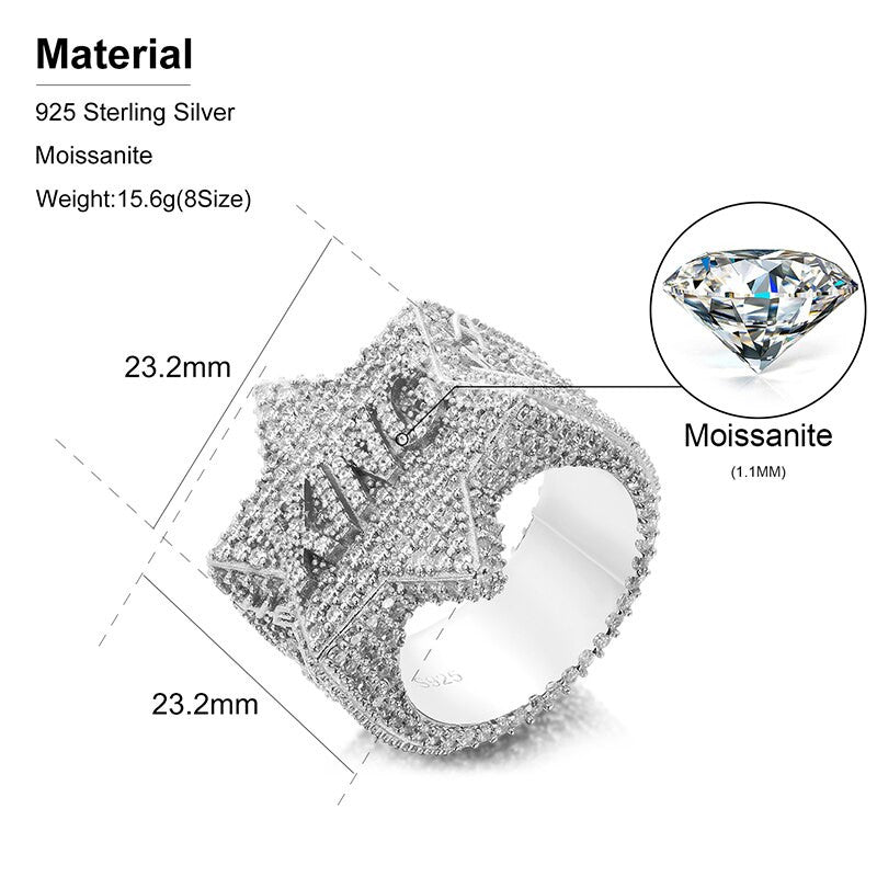 Mens Genuine VVS Diamond Star Of David King Engraved Solid 925 Silver Iced Rings