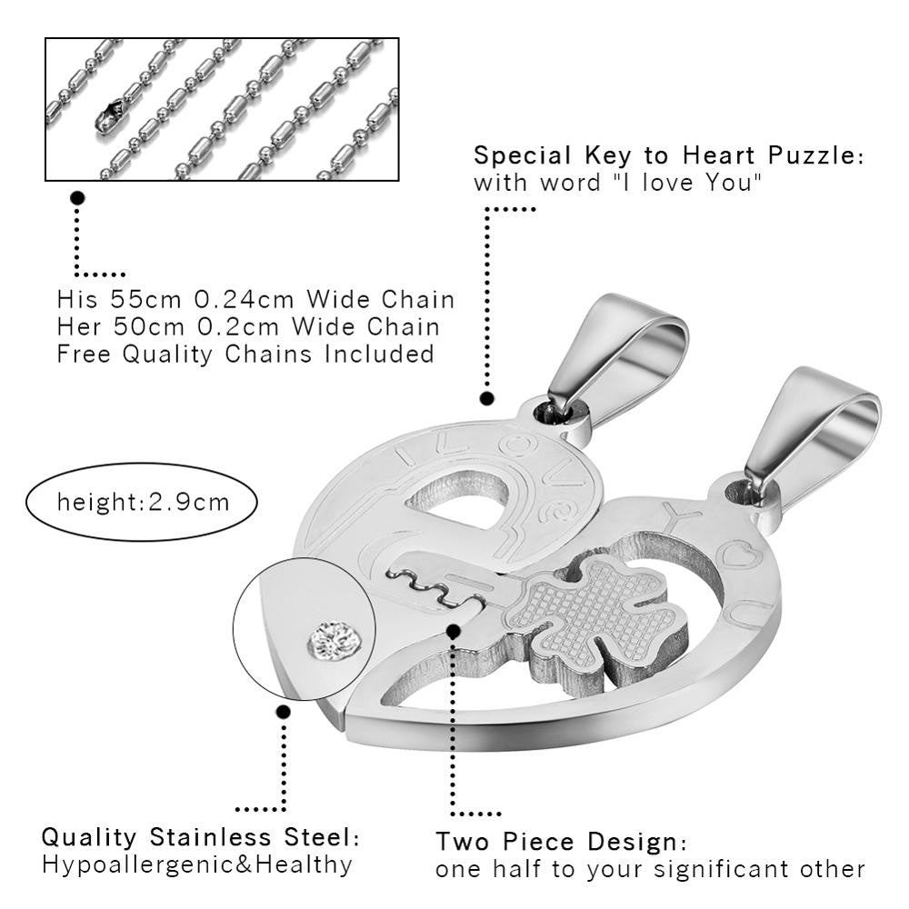 Couples Lock and Key To My Heart No Fade Stainless Steel Bling Pendant Necklace