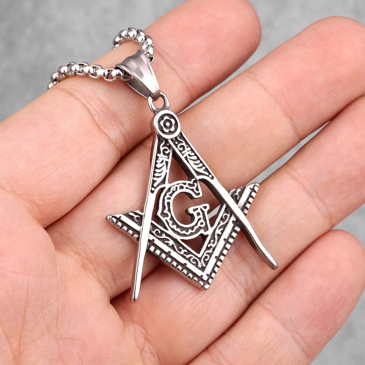 Mens Stainless Steel Free Mason Compass Square Hip Hop Street Wear Pendants