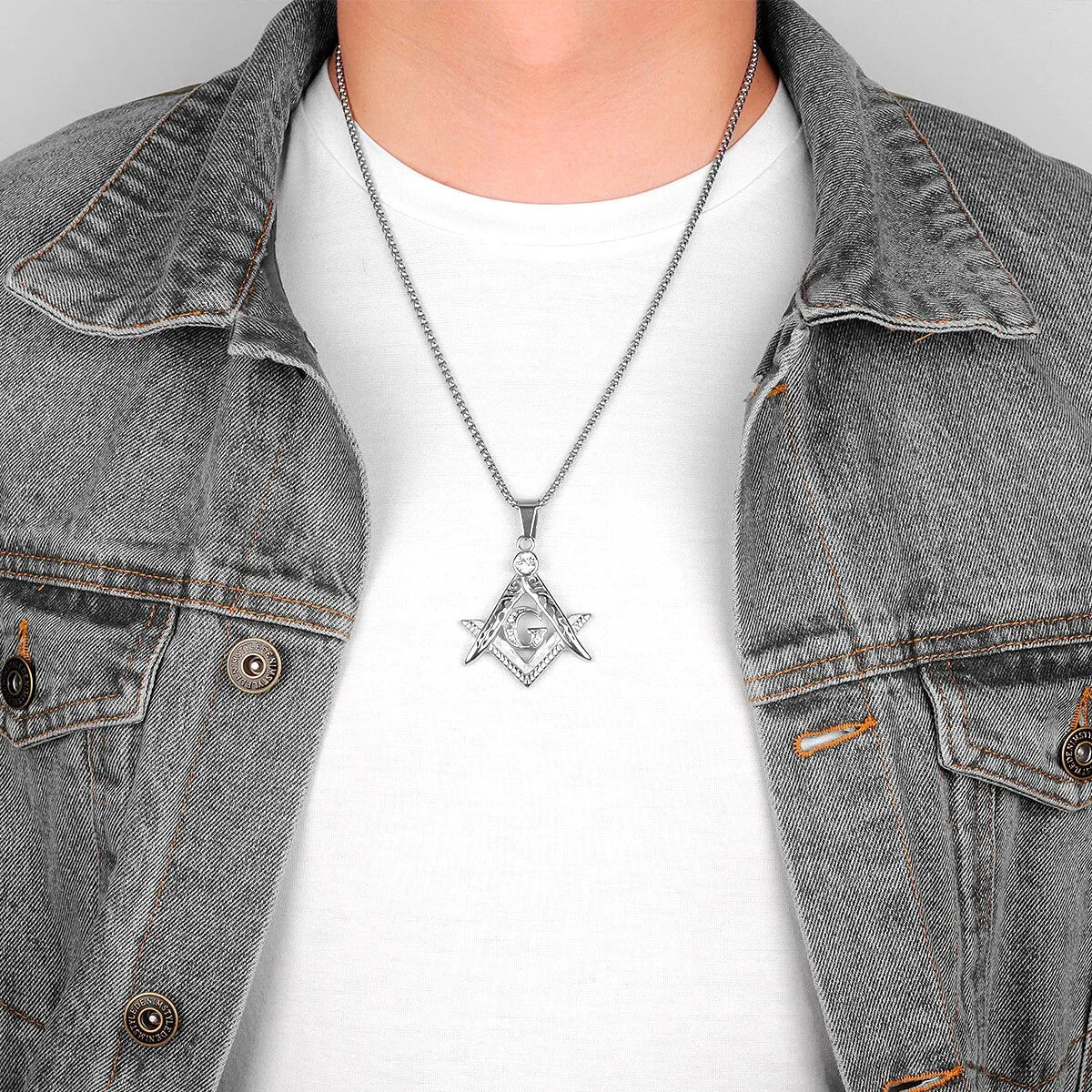 Mens Stainless Steel Free Mason Compass Square Hip Hop Street Wear Pendants