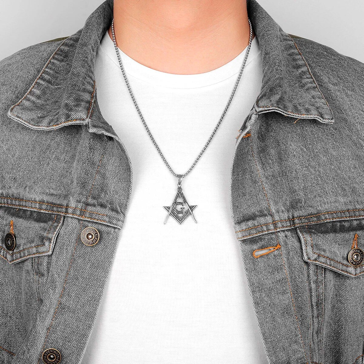 Mens Stainless Steel Free Mason Compass Square Hip Hop Street Wear Pendants