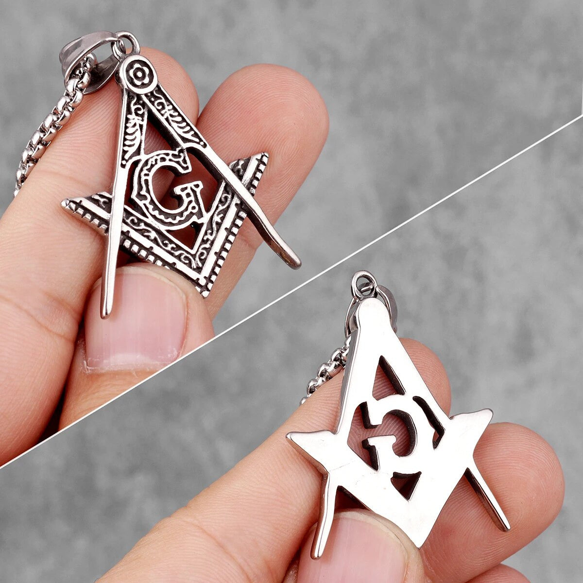 Mens Stainless Steel Free Mason Compass Square Hip Hop Street Wear Pendants