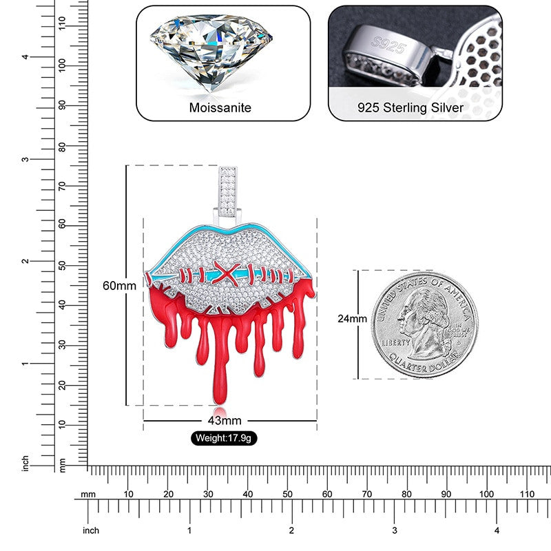 Loyalty My Lips are Sealed Blood Drip Genuine VVS Diamond 925 Silver Hip Hop Pendant