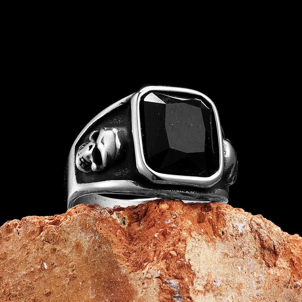 Mens Black Gemstone Shadow Skull 316L No Fade Stainless Steel Rings