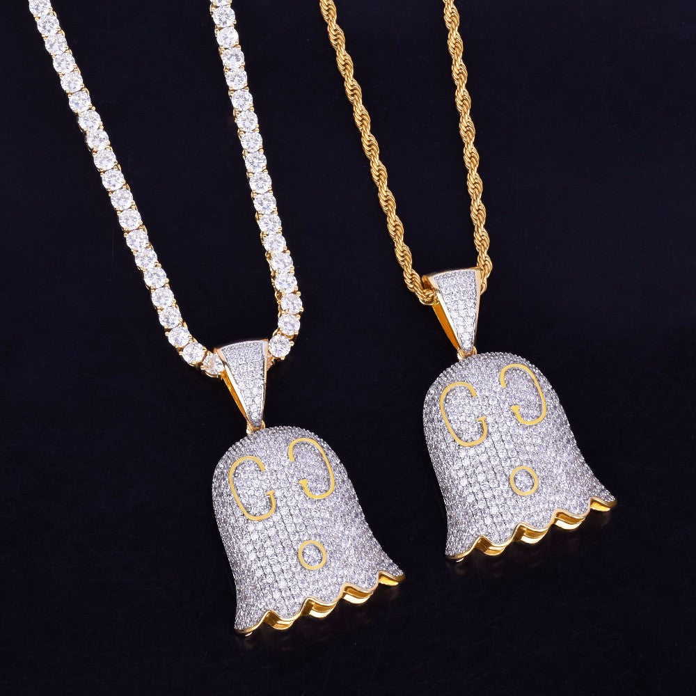 18k Gold AAA Micro Pave Ghost Emoji Flooded Ice Hip Hop Pendant Chain Necklace