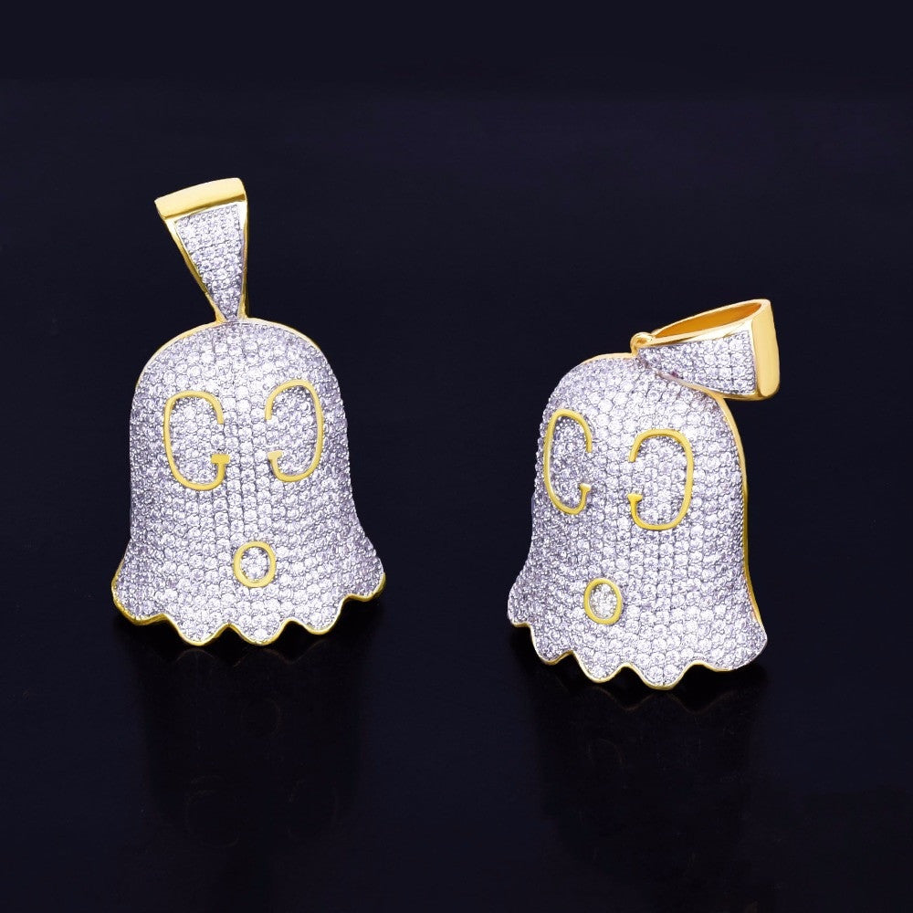 18k Gold AAA Micro Pave Ghost Emoji Flooded Ice Hip Hop Pendant Chain Necklace