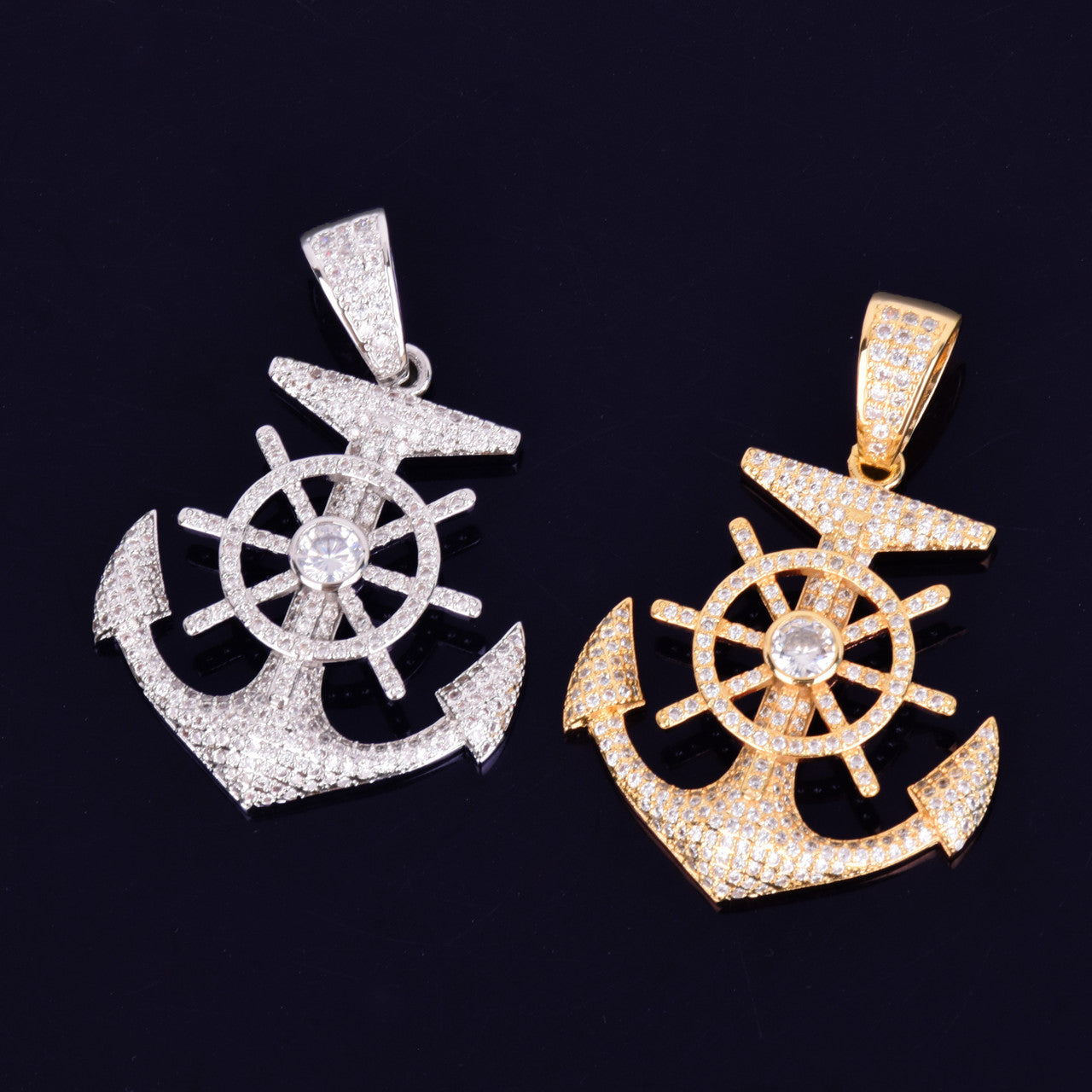 .925 Silver 18k Gold Nautical Anchor Cross Flooded Ice Hip Hop Pendant Chain Necklace