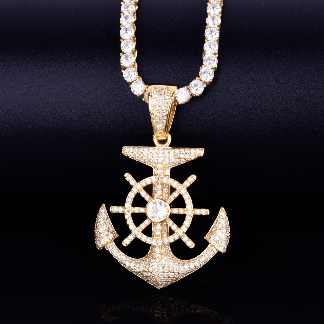 .925 Silver 18k Gold Nautical Anchor Cross Flooded Ice Hip Hop Pendant Chain Necklace
