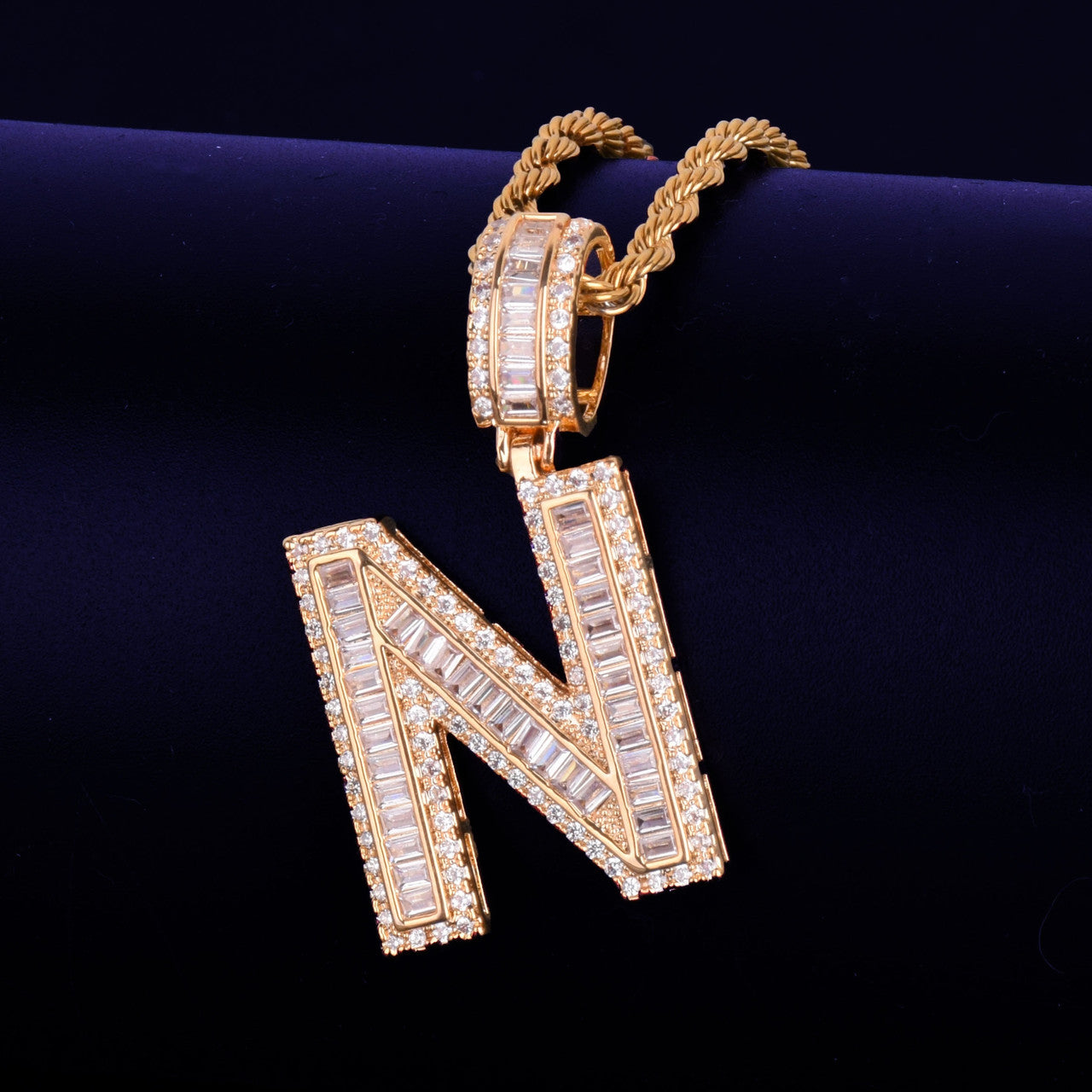 18k Gold Silver Rose Gold Baguette Initials Pave Stone Diamond Simulate Letters Pendants