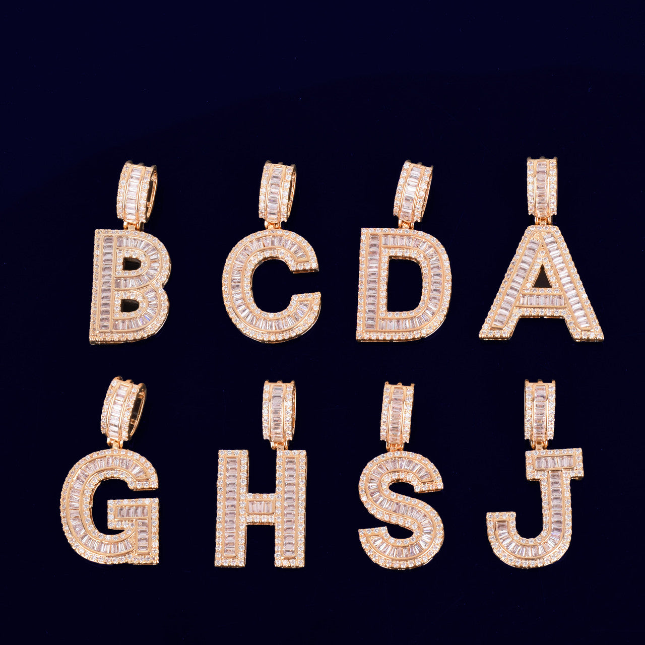 18k Gold Silver Rose Gold Baguette Initials Pave Stone Diamond Simulate Letters Pendants