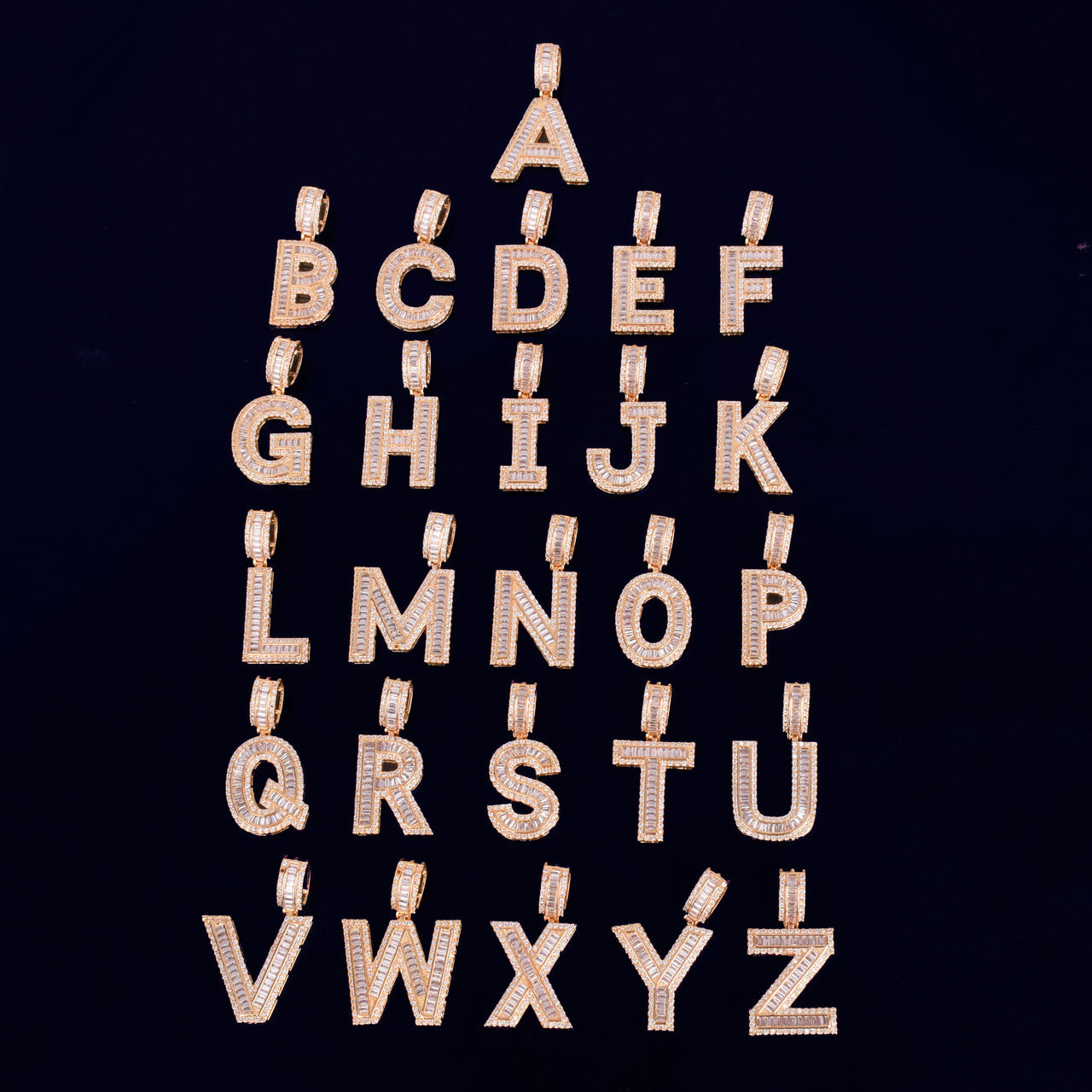 18k Gold Silver Rose Gold Baguette Initials Pave Stone Diamond Simulate Letters Pendants