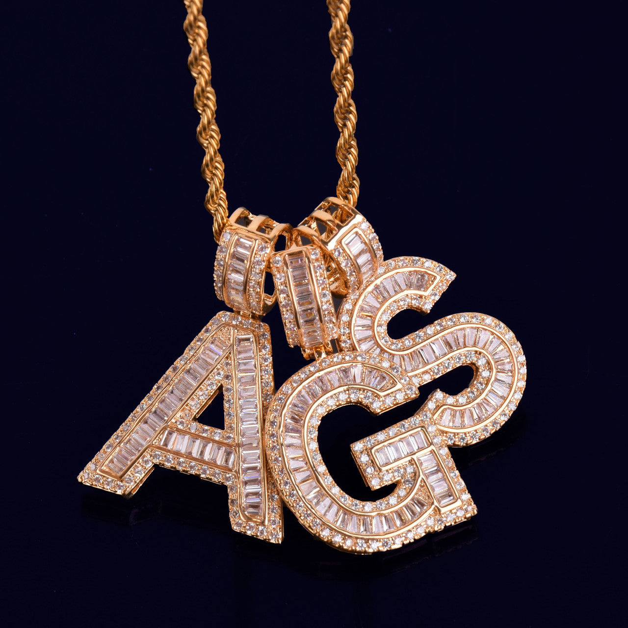 18k Gold Silver Rose Gold Baguette Initials Pave Stone Diamond Simulate Letters Pendants