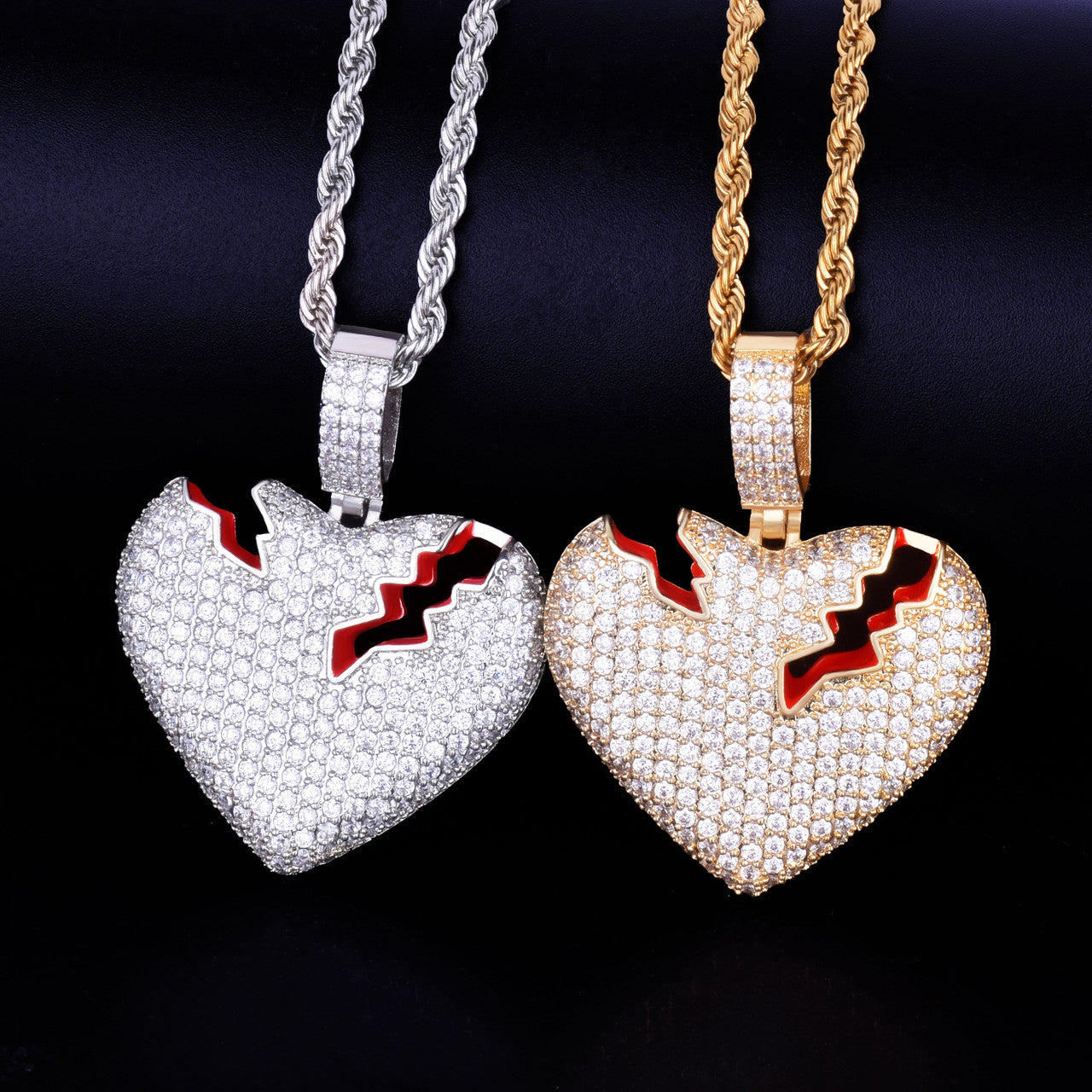 .925 Silver 18k Gold Broken Heart Red Oil Hip Hop Pendant Chain Necklace
