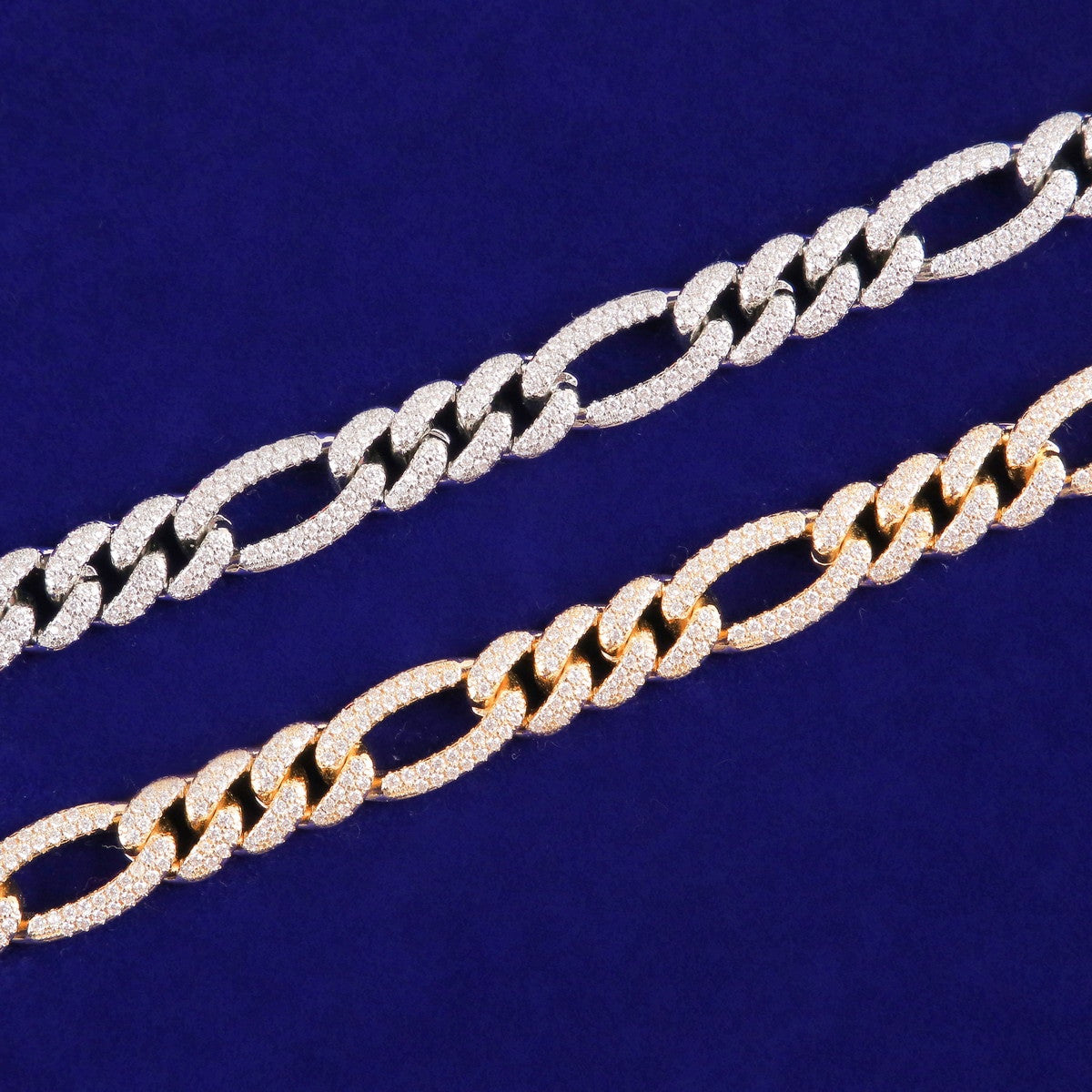 Mens 10mm White Yellow Gold Flooded Ice 5A Micro Pave Figaro Link Chain Necklace