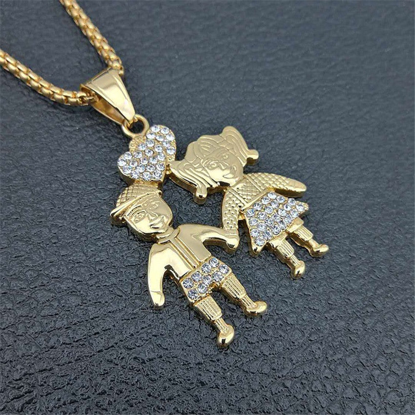 Couples Mens Womens 14k Gold Over Stainless Steel Boy Girl Pendant Chain Necklace