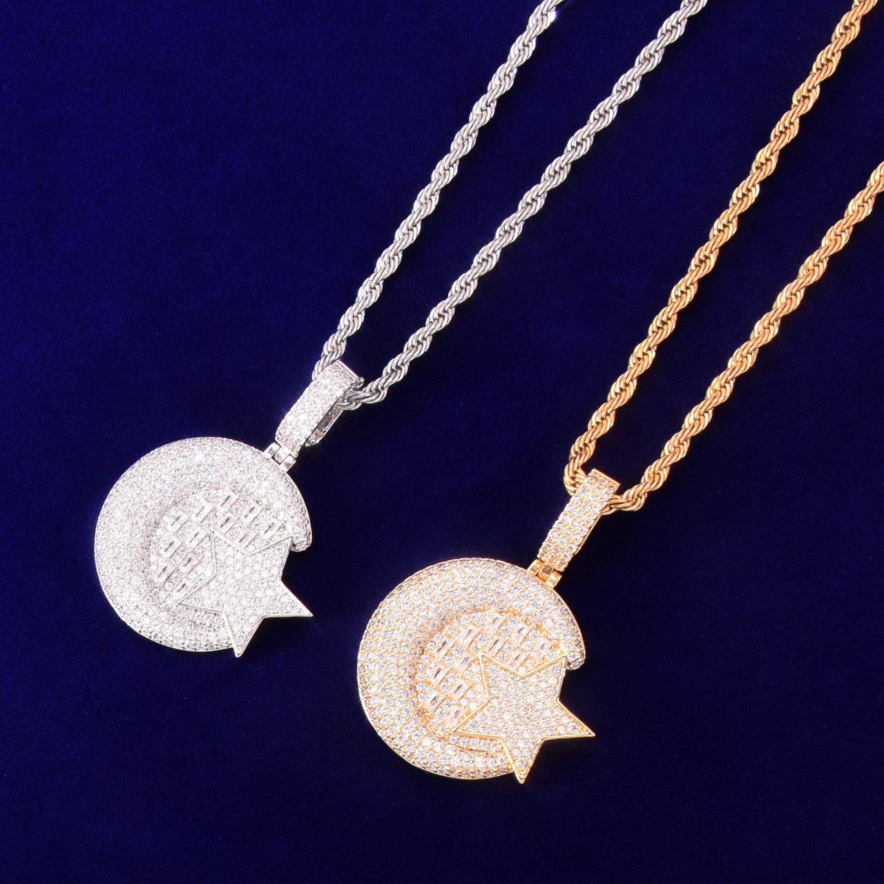 Celestial Wisdom | Gold 925 Silver Crescent Moon Star Baguette Iced Pendant