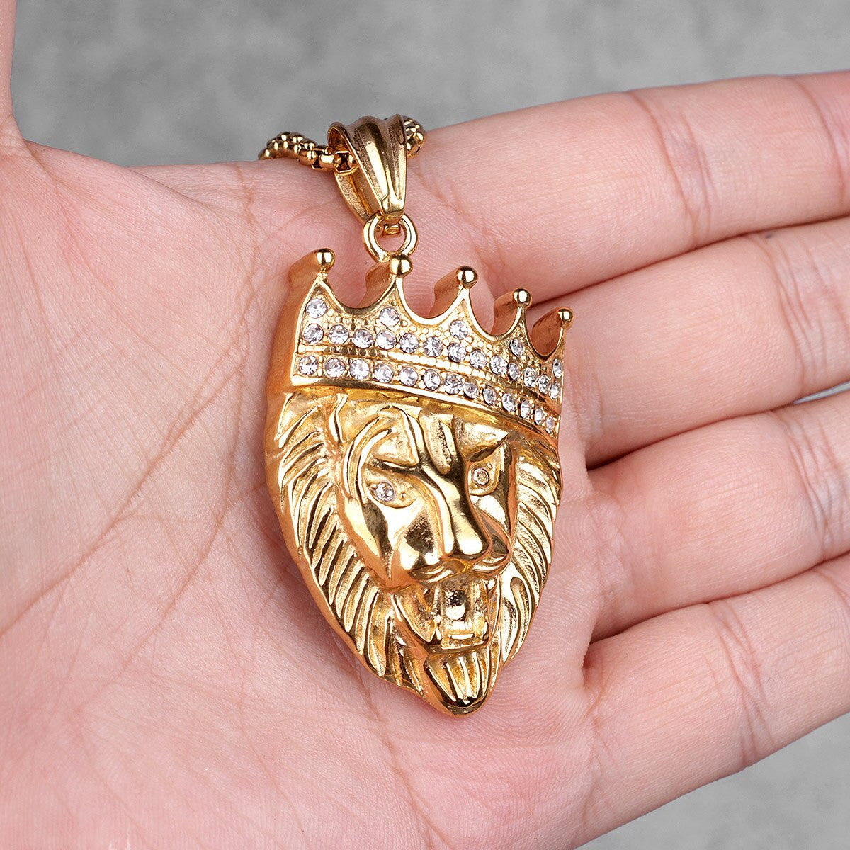 Mens 14k Gold Over No Fade Stainless Steel King Of Kings Lion Hip Hop Pendant