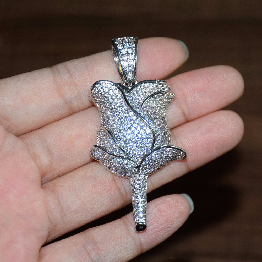 VVS Diamond CZ Micro Pave 18K Gold .925 Silver Rose Flower Petal Flooded Ice Pendant