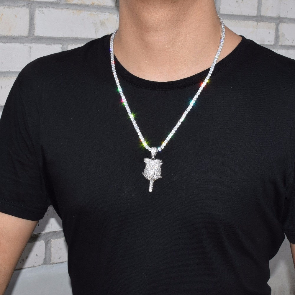 VVS Diamond CZ Micro Pave 18K Gold .925 Silver Rose Flower Petal Flooded Ice Pendant